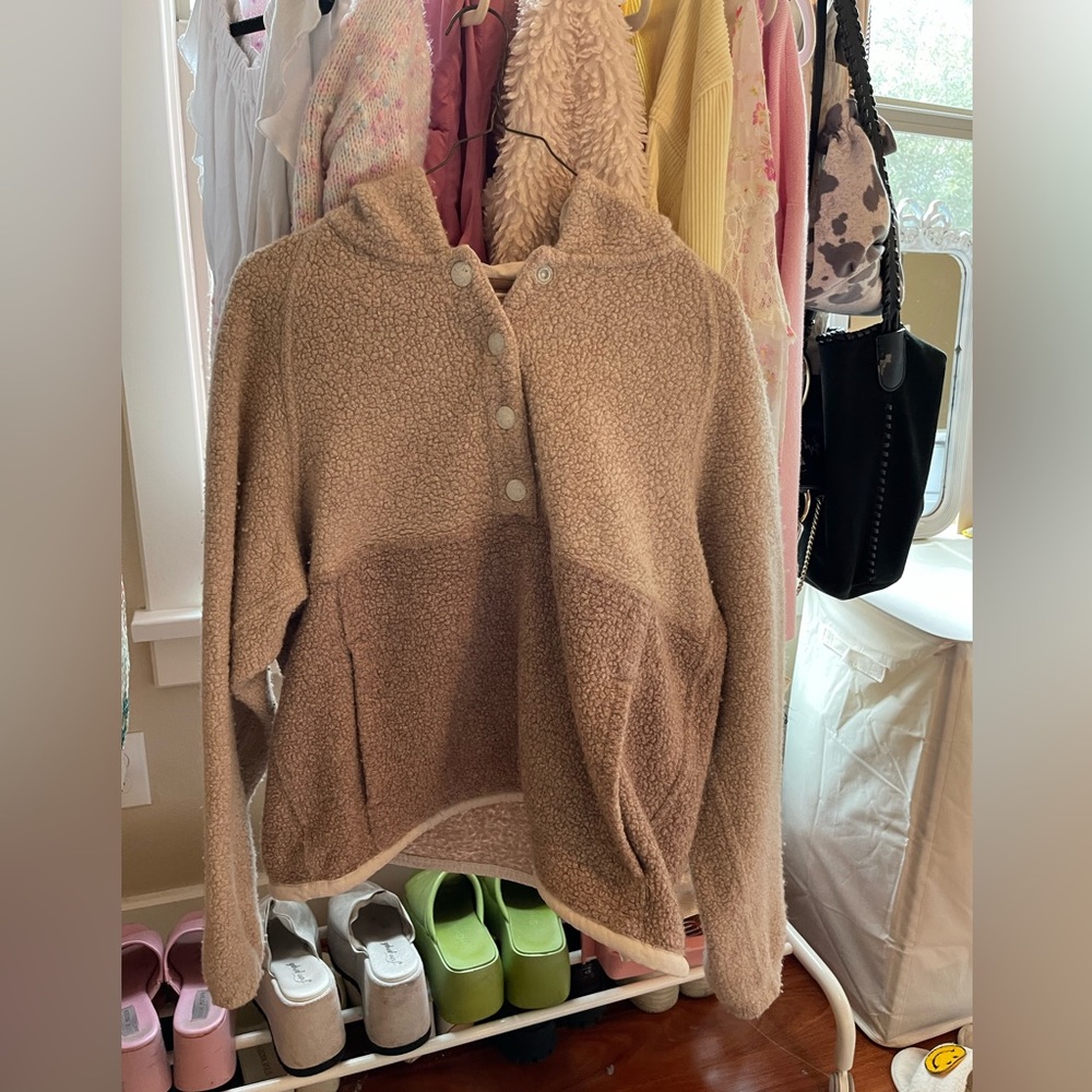 Outdoor Voices tan fleece hoodie.